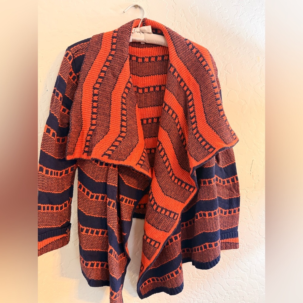 Open-Front Orange and Navy Striped Draped Cardigan